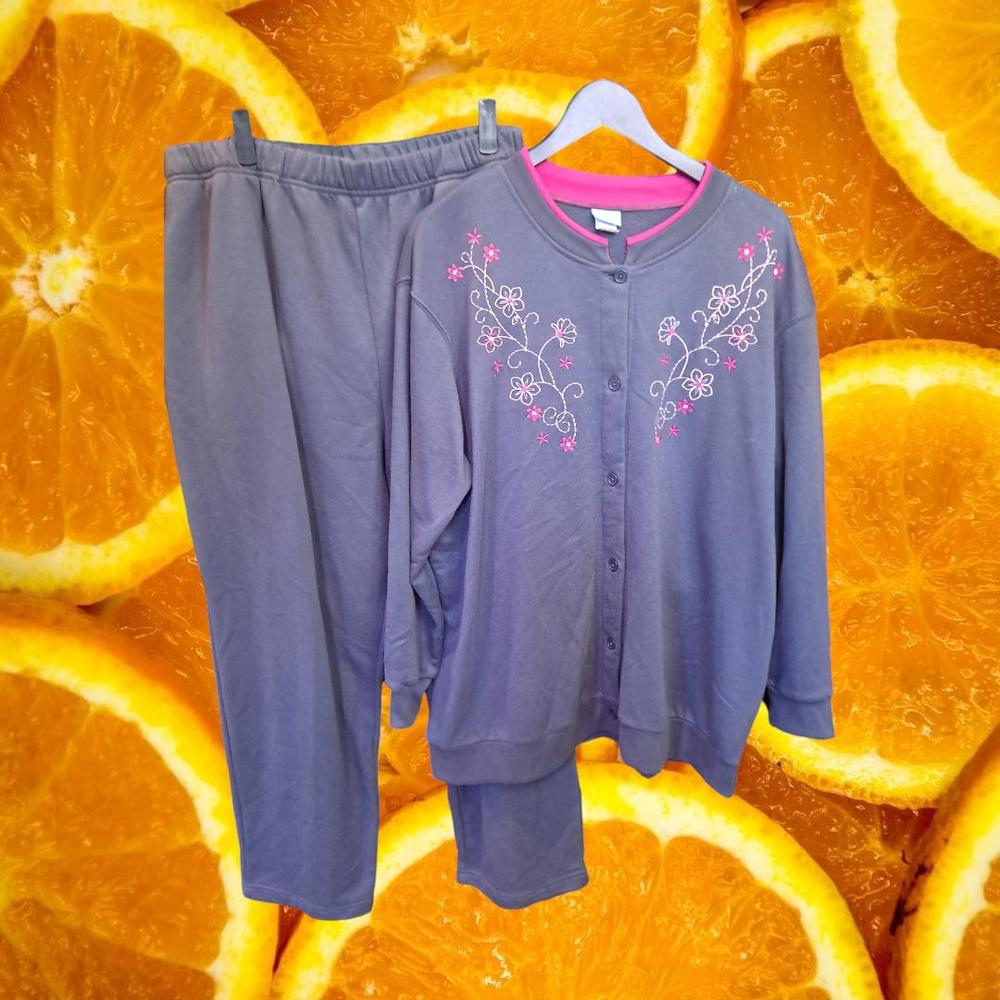 Grandma Chic Comfort Corner Blue Button Up Sweatshirt and Pants Size XXL